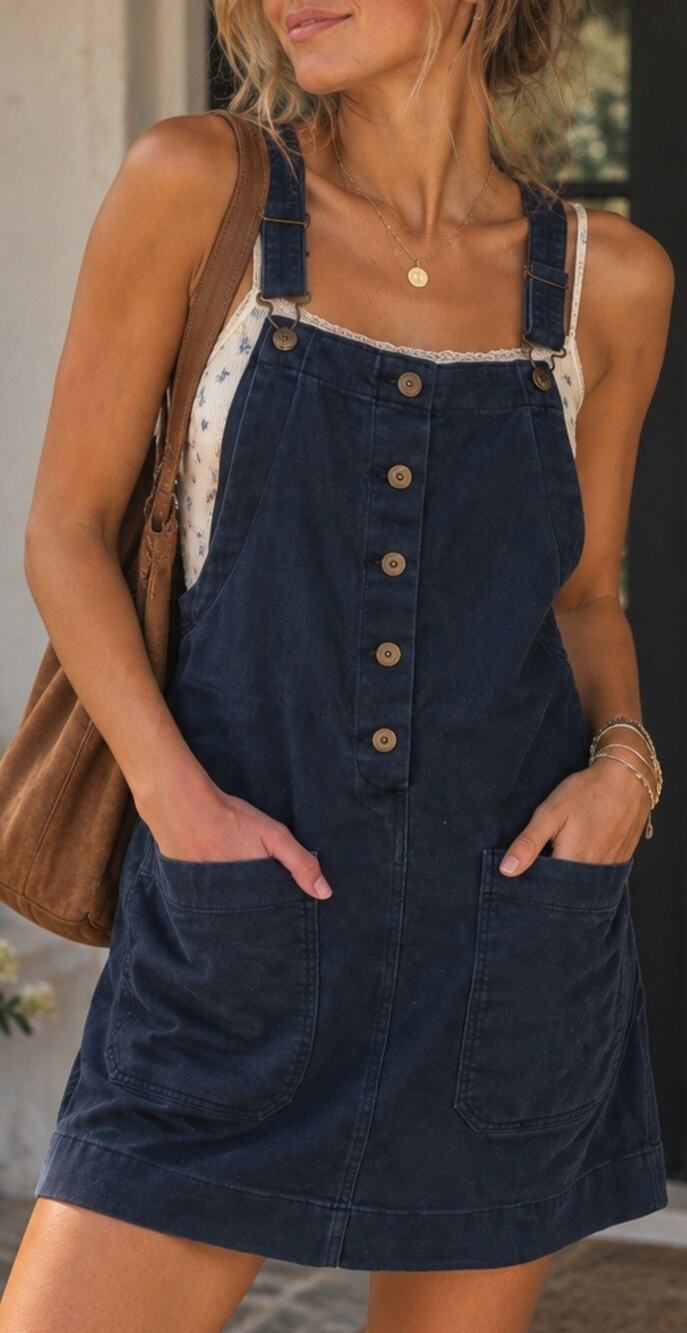 Duluth Trading Co Women’s L Blue Overall Mini Dress Stretch Cotton Boho Utility